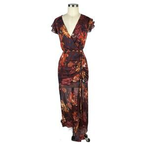 ALI & JAY Cranberry Metallic Floral Made For Walking Maxi Dress Small Hi-Low Hem